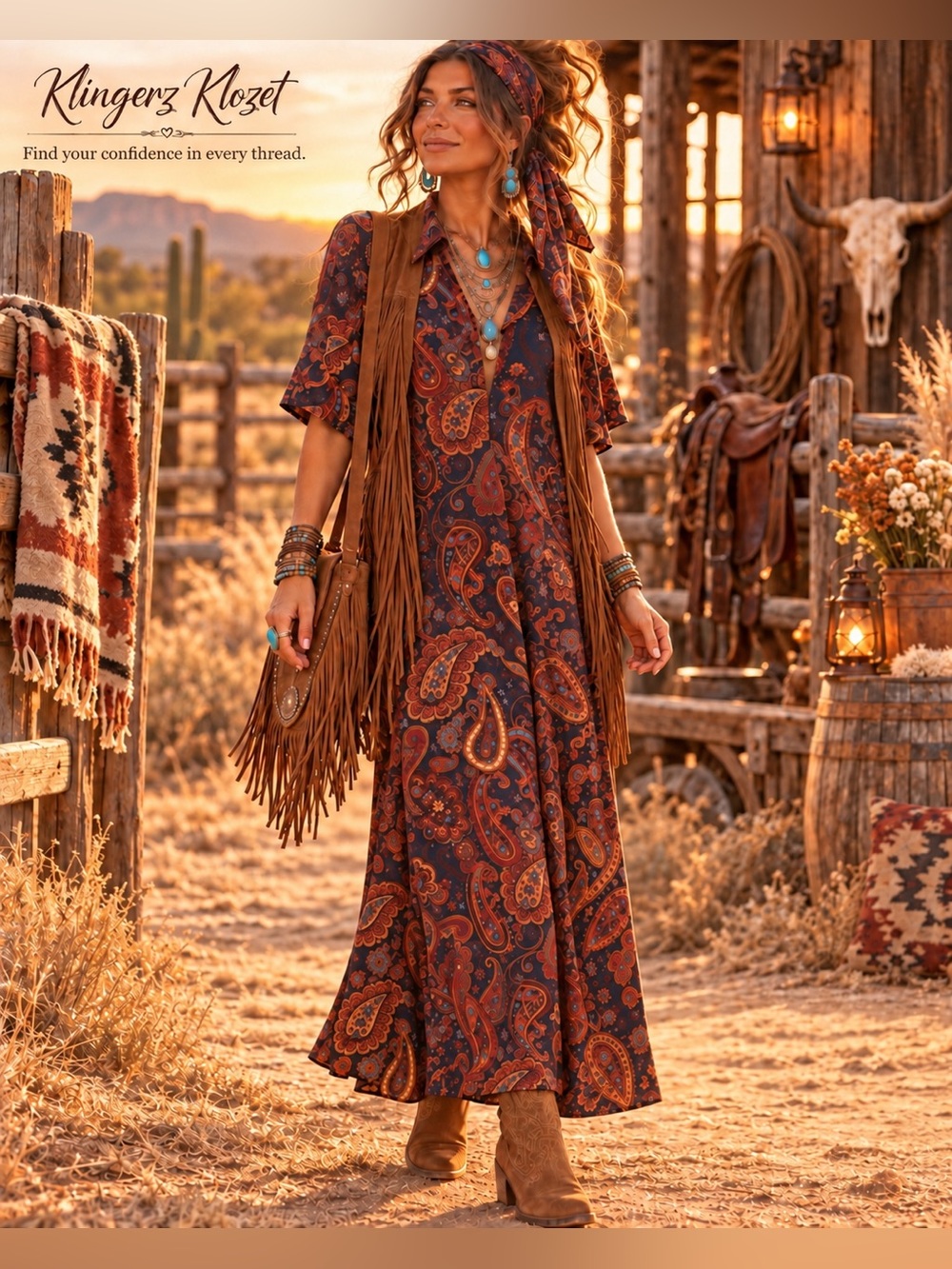 MSK Paisley Maxi Shirt Dress S Boho Western Festival Stretch